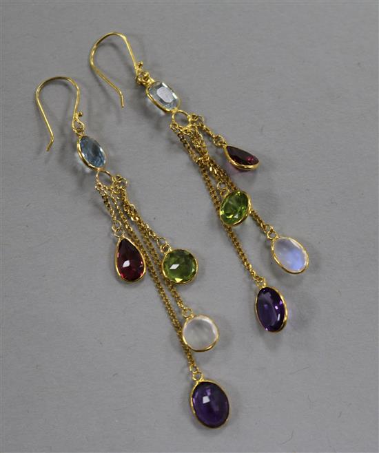 A pair of 14ct gold and multi gem set drop earrings, 55mm.